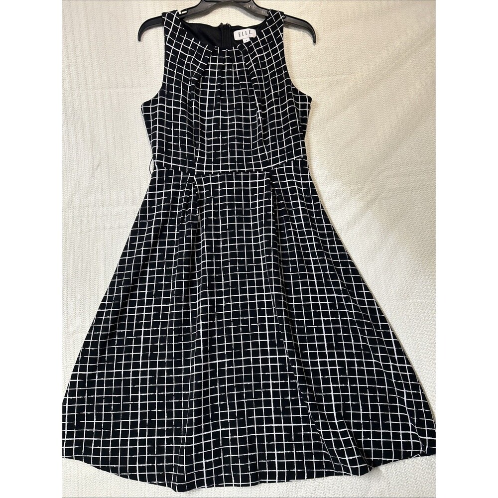 ELLE Women Black White Grid Print Sleeveless Dress Size 6
